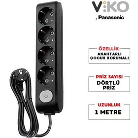 Resim Viko Dörtlü Grup Priz, Anahtarlı Topraklı - Çocuk Korumalı Çoğaltıcı Priz , 4'lü, 1 M, Siyah 1 M 