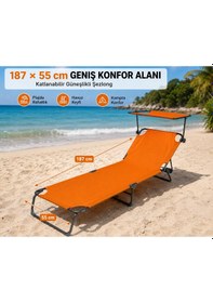 Resim Turuncu Renk Taşınabilir Katlanır Kamp Plaj Şezlongu Güneş Korumalı Gölgelikli 187 55 Cm Ölçülerinde 