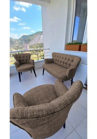 Resim Azra Mobilya Çay Seti Koltuk Takımı - Keten Kumaş - Ahşap Ayak - Balkon Mobilyası- Kahverengi Kahverengi 