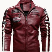 Resim Erkek Kırmızı Bisikletçi Ceketi - Polar Astarlı, Fermuarlı, Dik Yaka, Kontrast Dikişli "RIDING GEAR" Yamaları, Günlük Motosiklet Stili 