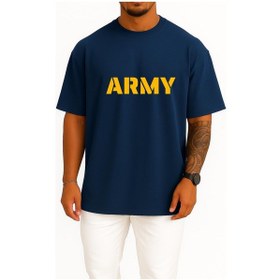 Resim Oversize Army Göğüs Ve Sırt Tasarımlı Unisex T-shirt Lacivert 