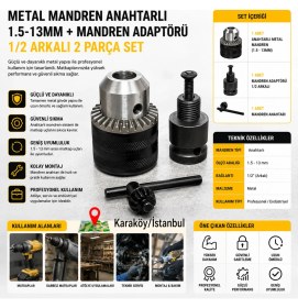 Resim Platin Hırdavat Metal Mandren Anahtarlı 1,5mm - 13MM + Adaptör 1/2 Çevirici 