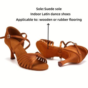 Resim Rahat Kadın Latin Dans Ayakkabıları Şık Çapraz Kayışlar ve Orta Topuk ile 
