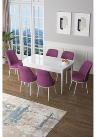 Resim Canisa Zen Serisi 80x132 Mdf Açılabilir Beyaz Masa Takımı Ve 6 Mor Sandalye Masa Beyaz Sandalyeler Mor 