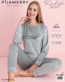 Resim Pijamerry Kadın Kışlık Bisiklet Yaka Kadife Pijama Takımı 3023g - 1 Adet Gümüş 