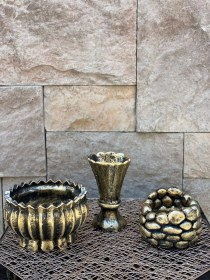 Resim Dekoratif Polyester Üçlü Vazo Set Gold Siyah Eskitme 