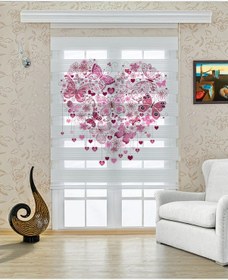 Resim Çocuk Odası - Kalp Ve Pembe Kelebek Desenli Zebra Perde - Yzn-477 Beyaz 