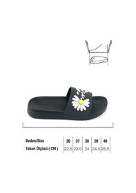 Resim Kadın Yazlık Papatya Tasarım Pu Rahat Taban Ev Banyo Havuz Plaj Terlik Siyah 