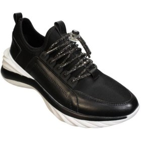 Resim YAZKIŞ Kadın Siyah Streç Kumaş Üzeri Taş Bağcıklı Comfort 5cm Kalın Taban Fashıon Spor ayakkabı 