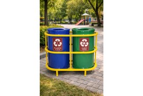 Resim Hijyen Dükkanı 2'li Kasalı Geri Dönüşüm Kovası Seti Boyalı Metal Gövde Sıfır Atık Kutusu Kağıt ve Plastik Ünitesi S-124 