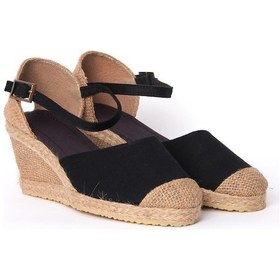Resim Gerçek Elişi Siyah Bilekten Bantlı Topuğu Açık Keten Espadril Dolgu Topuk Handmade Siyah 