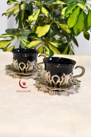 Resim 2 Li Gümüş Desenli Zemzem Takımı Ve Kahve Fincanı Seti Metal Tabağı Ve Fincan Altlığıyla Şık Sunum Siyah 