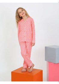 Resim Düğmeli Kız Uzun Kollu 'hoho' Model Pijama Takımı Pembe 