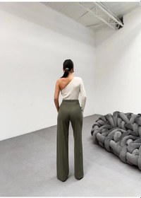 Resim 230 Gr Poly Viscose Lycra Metal Düğme Palazzo Pantolon Haki 