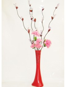 Resim 60 Cm Desenli Kırmızı Vazo 5 Adet Mor Üzüm Pembe Çiçek 