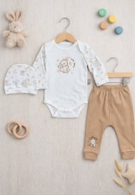 Resim Minelia Kids Erkek Bebek %100 Pamuk 3’lü Takım Body Pantolon Şapka - Ekru Açık Kahverengi 3-9 Ay 
