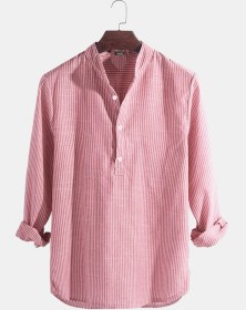 Resim Erkek Kırmızı Hakim Yaka Uzun Kollu Çizili Gömlek Kırmızı2 