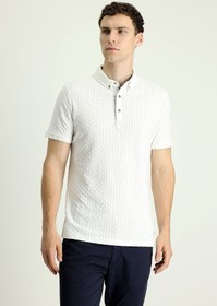 Resim Kırık Beyaz Polo Yaka Slim Fit Desenli Pamuk Tişört 