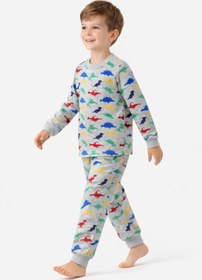 Resim Free Beka Sevimli Dinazor Desenli Bisiklet Yaka Çocuk Uzun Kollu Pamuklu Alt Üst Pijama Takımı 