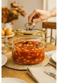 Resim 3,5 Lt Altın Kapaklı Ve Kulplu Isıya Dayanıklı Tencere Ölçülü Borosilikat Cam Tencere Şeffaf 