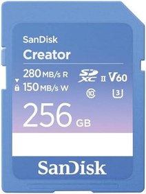Resim SanDisk Creator SDXC UHS-II 256 GB Bellek Kartı, V60, 6K & 4K UHD, Okuma Hızı, 280 MB/s'ye kadar, Su ve Toza Dayanıklı, RescuePro Deluxe, Class 10, U3, V60 