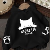 Resim Çocuklar için Rahat Kapüşonlu Sweatshirt, Polyester Örgü Kumaş, Kedi Baskılı ve "Sessizce Yargılıyorum" Sloganlı Uzun Kollu Kazak, Bol Kesim, Aplikeli, Sonbahar/Kış İçin, 12 Yaş ve Altı 