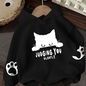 Resim Çocuklar için Rahat Kapüşonlu Sweatshirt, Polyester Örgü Kumaş, Kedi Baskılı ve "Sessizce Yargılıyorum" Sloganlı Uzun Kollu Kazak, Bol Kesim, Aplikeli, Sonbahar/Kış İçin, 12 Yaş ve Altı 