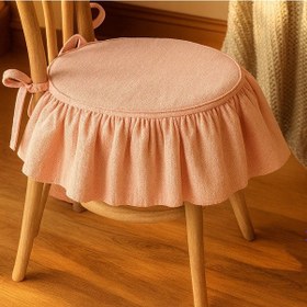 Resim El Yapımı Yuvarlak Buldan Yıkanmıs Keten Fırfırlı Sandalye Minderi Pembe Pembe 