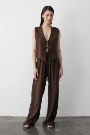 Resim Kahverengi 3 Bağcıklı Yelekli Müslin Takım Kahverengi 