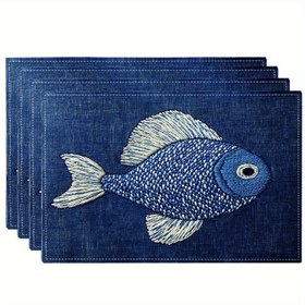 Resim 4 Adet - Eğlenceli Mavi Balık Desenli Denim Masa Örtüsü, 30.48 x 45.72 cm, Yıkanabilir, Mutfak ve Parti Dekorasyonu İçin Uygun 