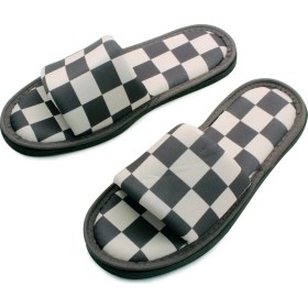 Resim Chochili Erkek Siyah Beyaz Dama Desenli Önü Açık Yumuşak Tabanlı Ev Terlik 