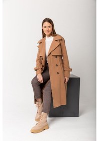 Resim Pastelastore %100 Pamuk Gabardin Uzun 110cm Astarlı Kemerli Kadın Trençkot 1111 Bej 