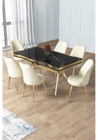 Resim Canisa Prah Serisi 90x160 Lak Panel Sonata Desen Gold Ayak Masa Takımı 6 Krem Sandalye Sonata Masa Krem Sandalye Ayaklar Gold 