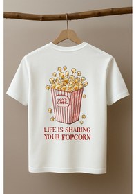 Resim Kız Çocuk Popcorn Sırt Baskılı Tişört Ekru Beyaz 