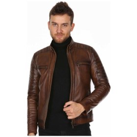 Resim Hakiki Kuzu Derisi Fermuarlı Spor Erkek Deri Ceket Kahverengi 