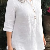 Resim Kadınların Üç Çeyrek Kollu, Düğmeli Ön, Yuvarlak Yaka ile Hafif Mavi Tunik - Yetişkinler için Rahat Hafta Sonu Üstü, Rahat Giyim|Boş Kesim Üst|Kumaş 