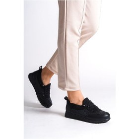 Resim Vıolet Bağcıklı Lastikli Ortopedik Rahat Taban Taş Detaylı Klasik Kadın Babet Anne Ayakkabısı Cst - Siyah Siyah 