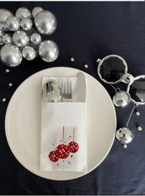 Resim Kırmızı Yaldızlı Beyaz Disco Topu Cepli Peçete 12 Adet 40x40 