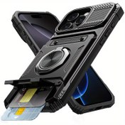 Resim 16 Pro Max 15 Pro Max 14 Pro Max için Metal Stand ve Kart Yuvası ile Darbeye Dayanıklı Ağır Hizmet Tipi Sert Telefon Kılıfı 