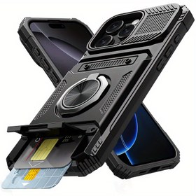 Resim 16 Pro Max 15 Pro Max 14 Pro Max için Metal Stand ve Kart Yuvası ile Darbeye Dayanıklı Ağır Hizmet Tipi Sert Telefon Kılıfı 