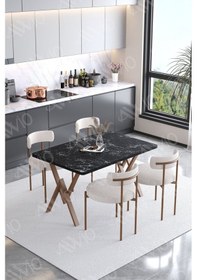 Resim Avvio Soffice Teddy Sandalye 80x120 Yemek Masası Mutfak Masası 4 Kişilik Masa Sandalye Takımı Bukle Kumaş Siyah Mermer 