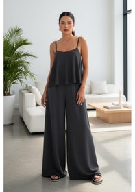 Resim Kadın İp Askılı İp Askılı Bluz Pantolon Füme Takım 
