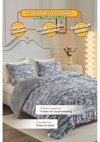 Resim Evlen Home Çift Taraflı Kişilik Kürk Yorgan Uyku Seti Yumuşak Dolgulu Wellsoft Peluş 3 Parça Mia Antrasit Gri 