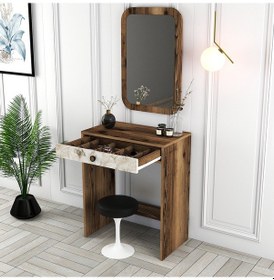 Resim Lizbon Mini Makyaj Masası Aynalı - Ceviz / Beyaz Mermer 