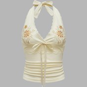 Resim Kadınların Vintage Esinlenmiş Omuz Üstü, Çiçek Nakışlı - Kıvrımlı Detay, Dantel Kenar ve Bağcıklı Tasarım, Tüm Mevsim Modası, Vintage Moda Üstü | Kıvrımlı Üst Tasarımı | Dantel Kenarlı Üst, Vintage Giyim 