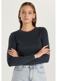 Resim Tudors Kadın Slim Fit Dar Kesim Bisiklet Yaka Antrasit Bluz-33371 Antrasit 