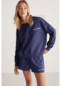 Resim JENNIFER Kadın Yumuşacık Nakış Detaylı Organik Pamuk Oversize Lacivert Sweatshirt 