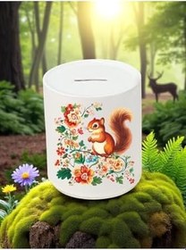 Resim Sincap ve Çiçek Deseni Baskılı 3'lü Seramik Kumbara 