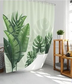 Resim Tropik Home Banyo Duş Perdesi Desen Yeşil Dijital Baskılı Banyo Perdesi, Tek Kanat Halkalı-180x200 cm 