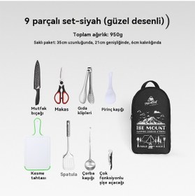Resim Açık Ocak Dokuz Parçalı Kamp Barbekü Paslanmaz Çelik Kesici Kesme Tahtası 9 Parçalı Siyah Baskı Seti Siyah 